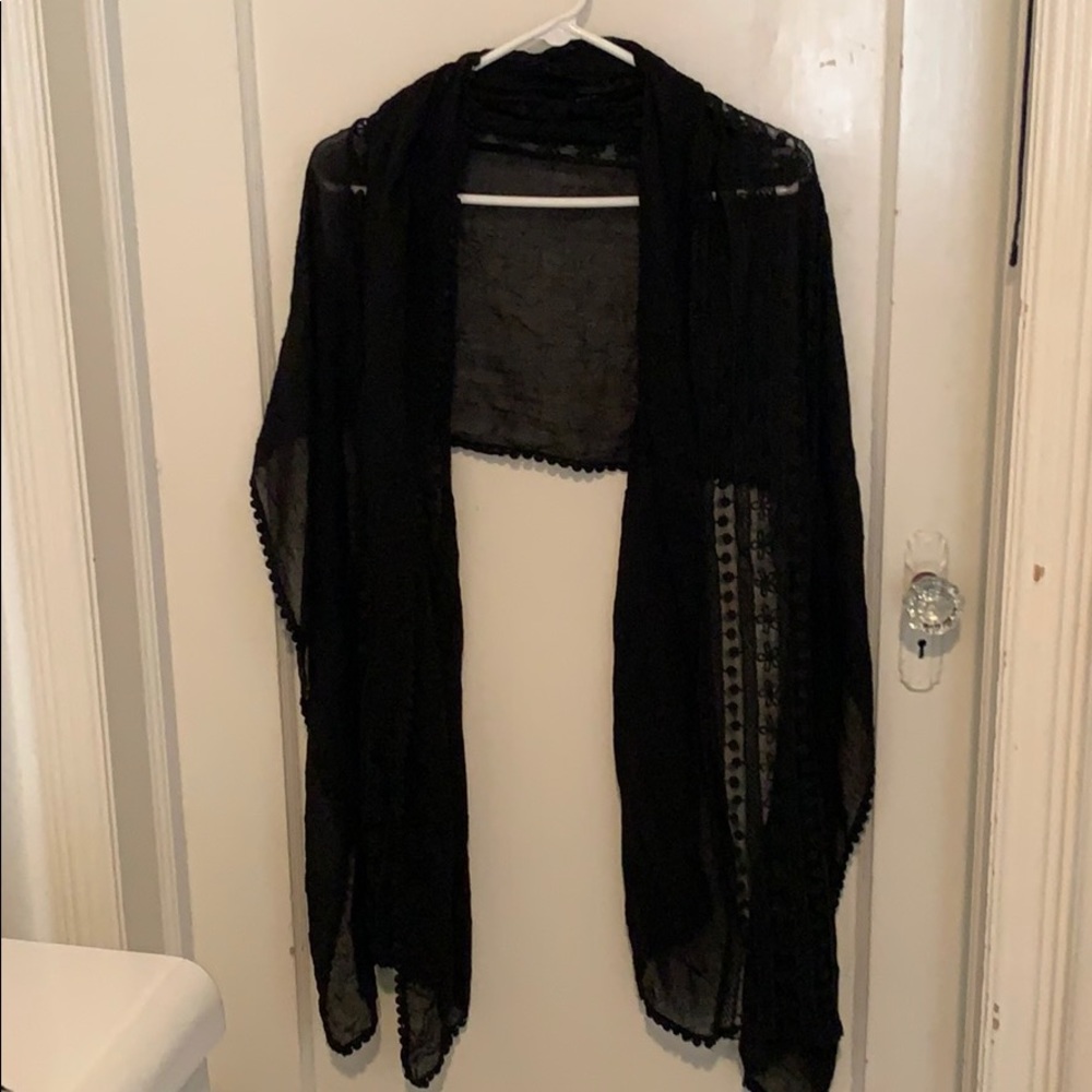 Black chiffon scarf with floral crocheted design